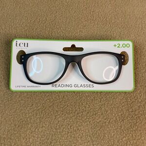 ICU Eyewear Black Reading Glasses +2.00 Strength Magnify Optical Readers NWT
